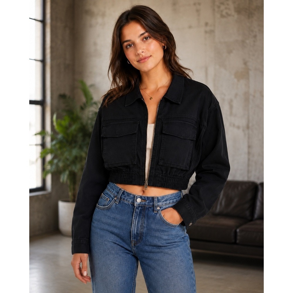 Bershka Cropped Utility Jacket Women Medium Black Excellent Zip Cotton Pockets